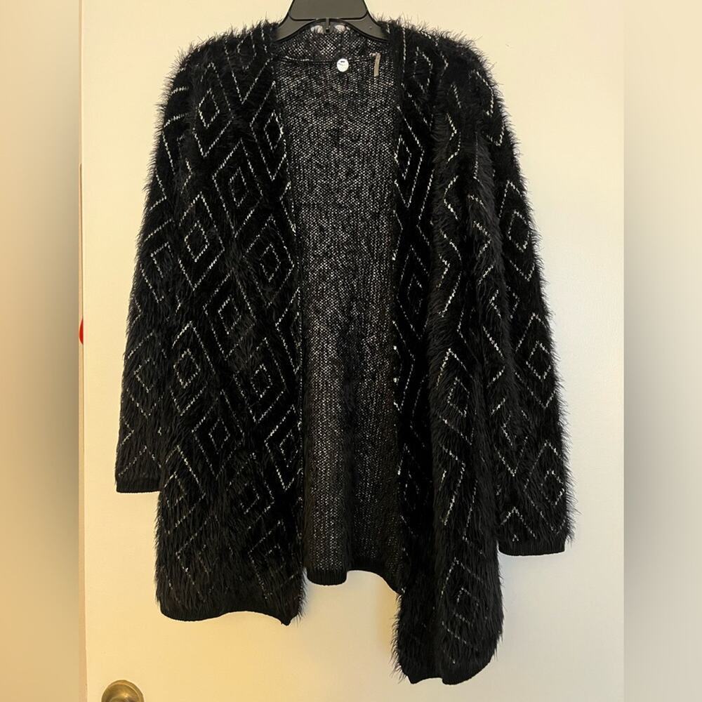 Margaret O’Leary Black Grey Diamond Pattern Open Front Cardigan